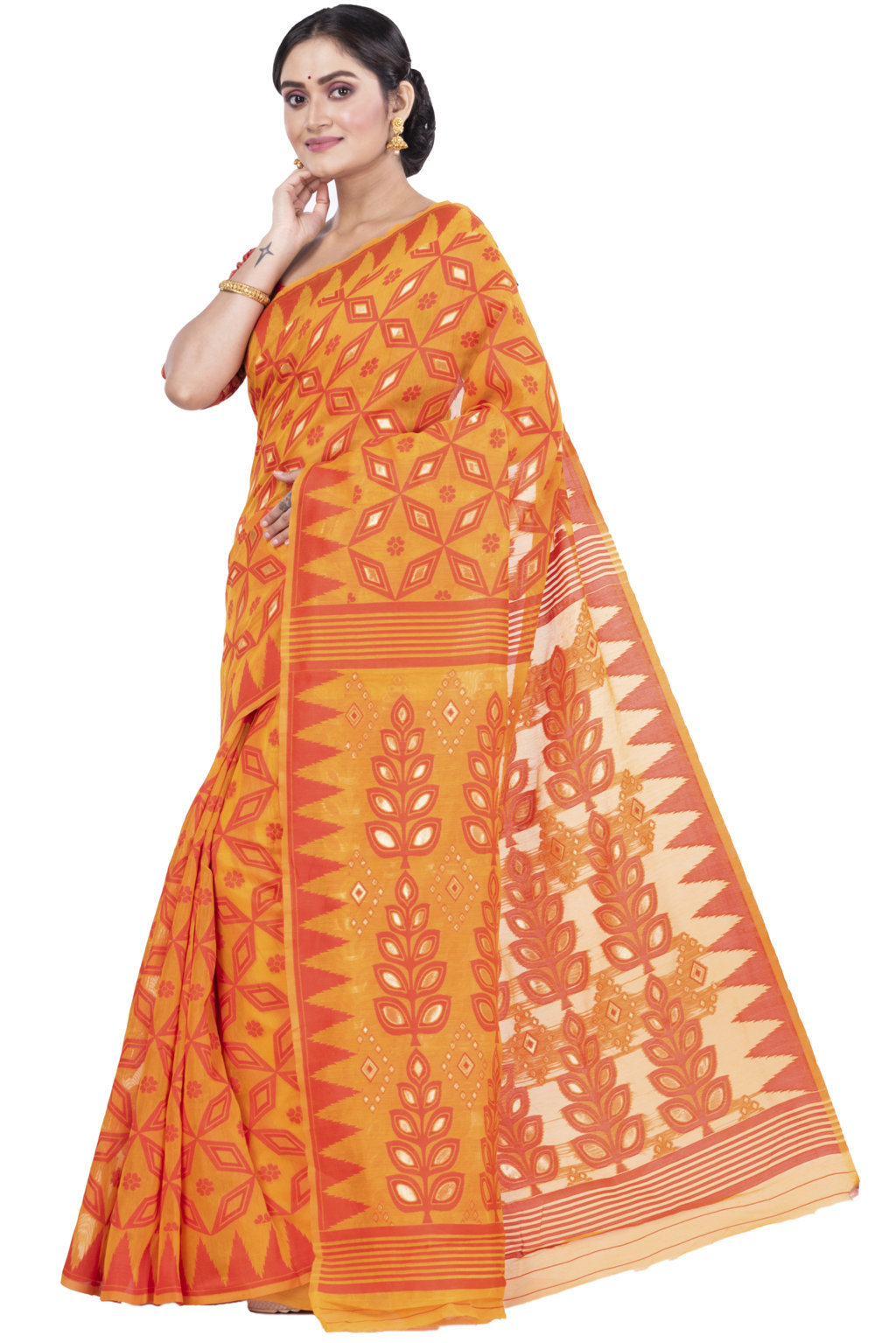 Orange Pure Cotton Minakari_Jmdni Jamdani Saree (695)